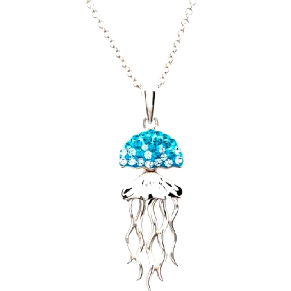 Sterling Silver Aqua Crystal Jellyfish Necklace